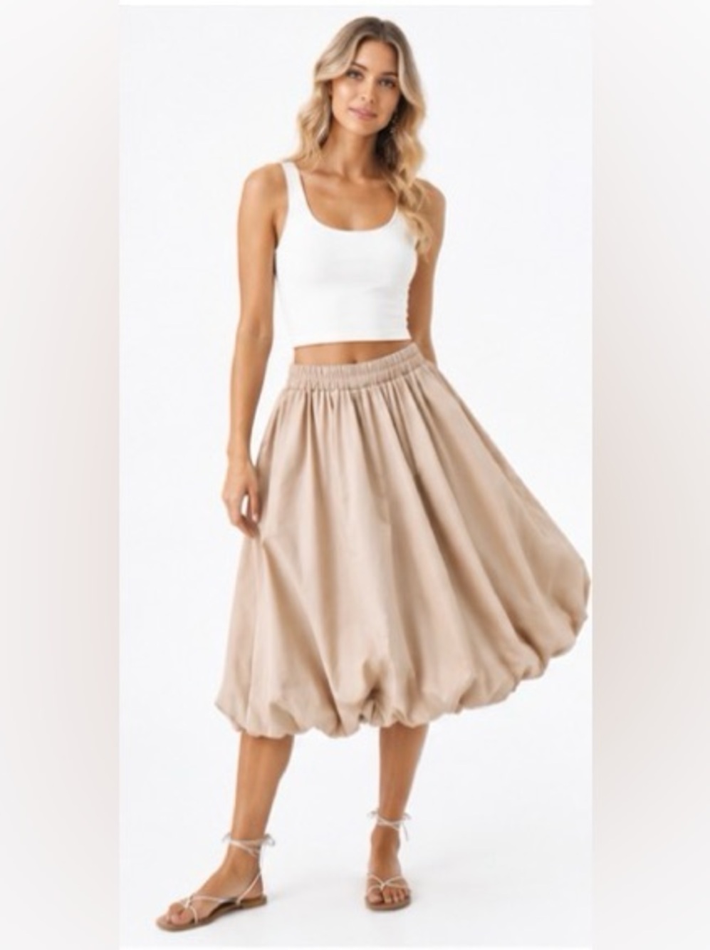 LOVELO NWT Beige Voluminous Bubble Midi Skirt Elastic Waist S/M